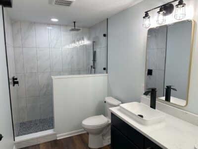 Modern bathroom with a glass-enclosed shower, white sink on a black vanity, toilet, and wood flooring.
